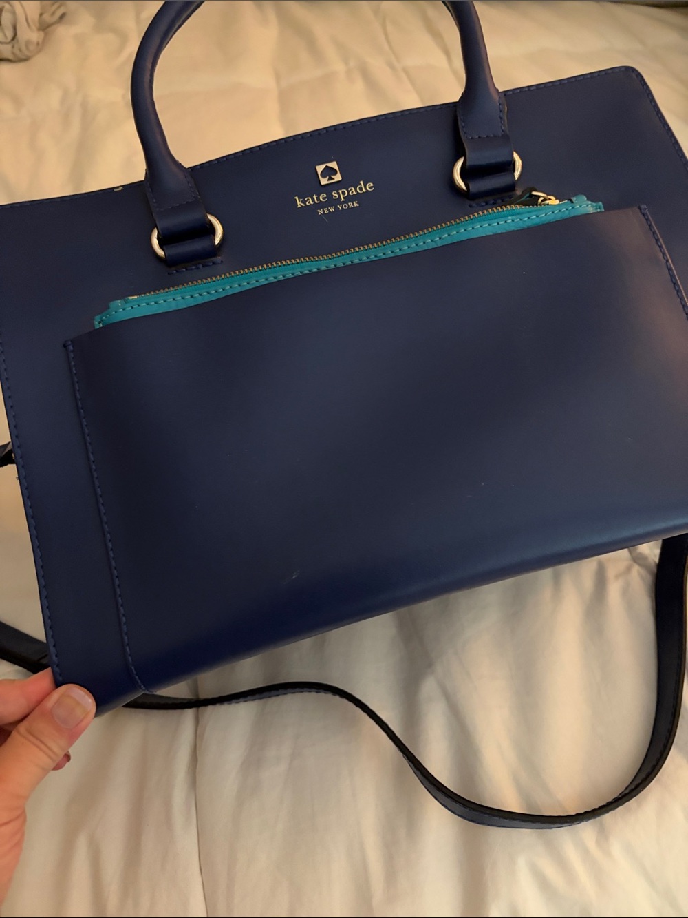 kate spade Navy Leather Satchel with Teal Zip Accent